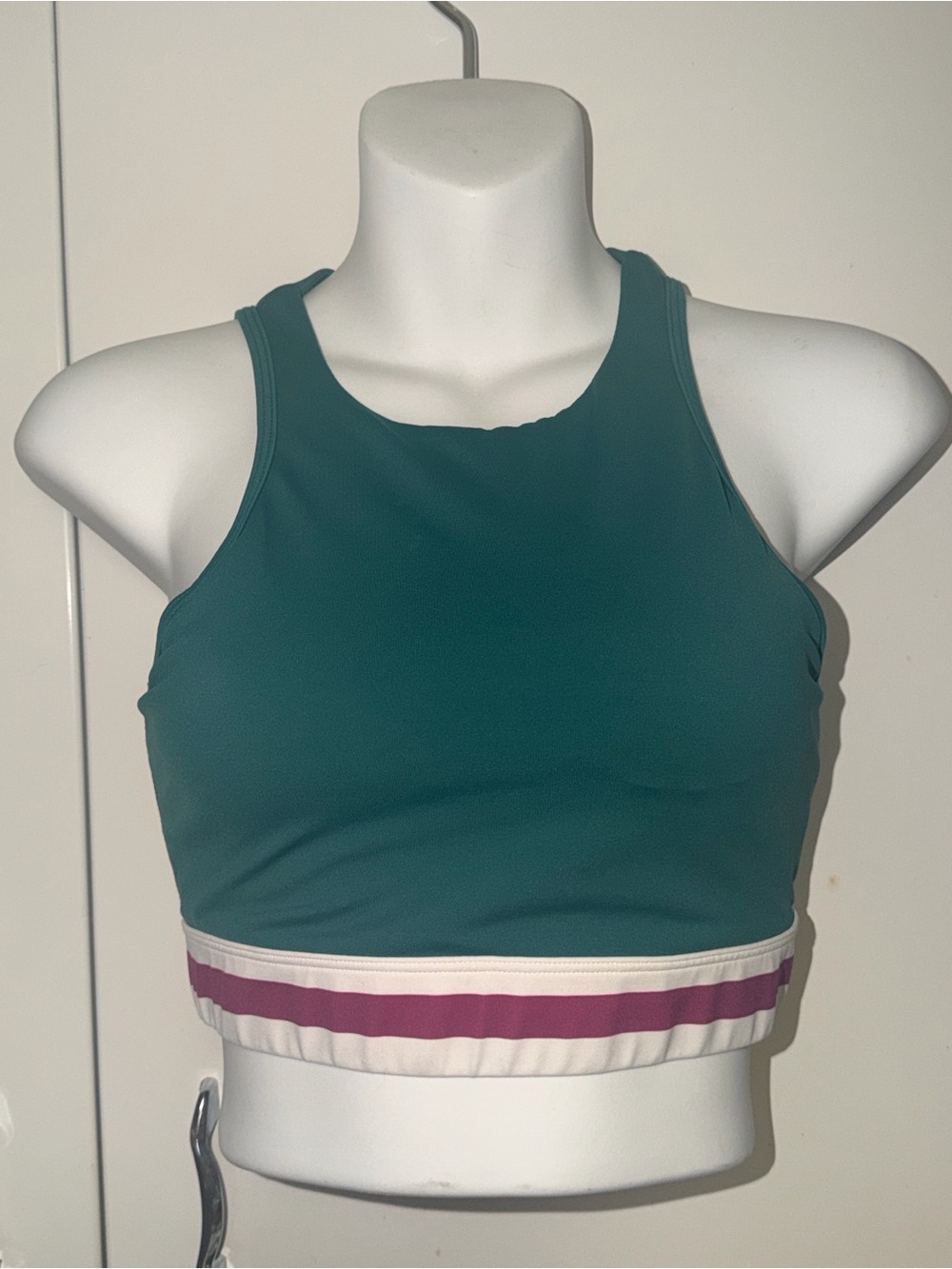 High-Neck Teal Sports Bralette with Pink Stripe Band